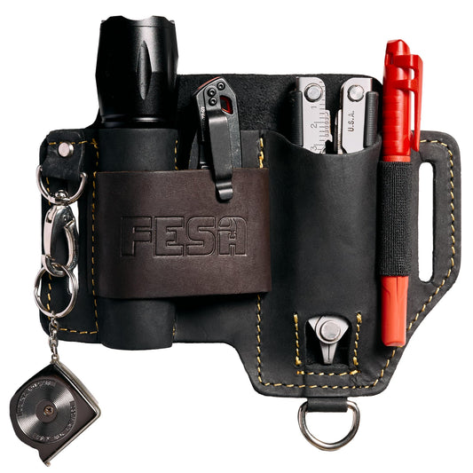Leather Multitool Sheath for Belt - Leather EDC Pouch Organizer for Tactical Pocket Knife, Flashlight & Pen - With Swivel Snap Hook - Work & Everyday Use Utility EDC Belt Pouch for Men - Black