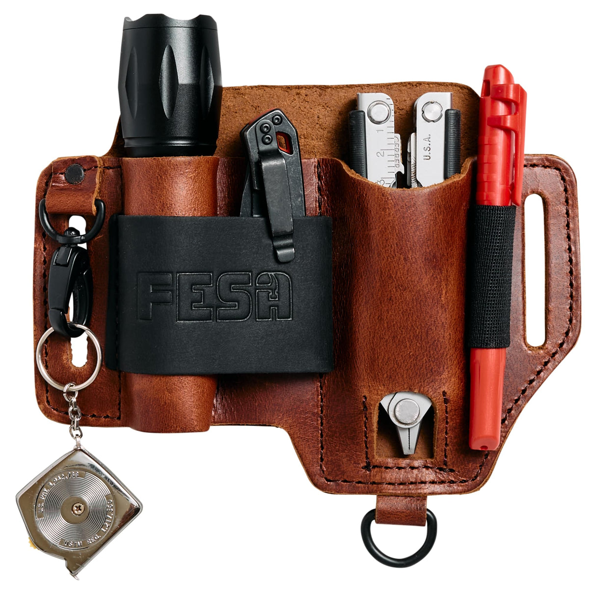 Leather Multitool Sheath for Belt - Leather EDC Pouch Organizer for Tactical Pocket Knife, Flashlight & Pen - With Swivel Snap Hook - Work & Everyday Use Utility EDC Belt Pouch for Men - Cherry