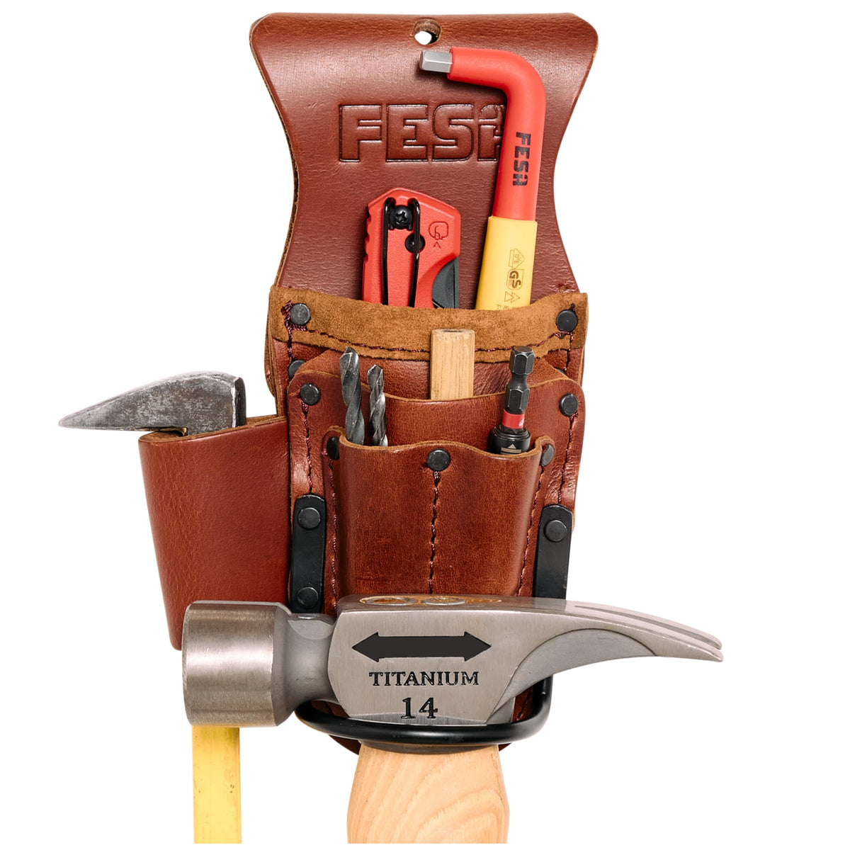Tool Belt Hammer Holder - Leather Multitool, Pliers & Hammer Holster with Pockets for Drill Bits or Markers - Heavy Duty Small Tool Pouch for Carpenters - Clip On Any Belt - Handcrafted - Cherry
