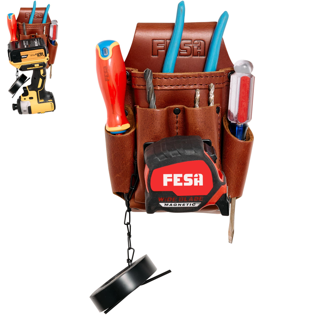 Small Electrician's Tool Pouch - Leather 7-in-1 Small Tool Pouch with Steel Tape Measure or Drill Clip, Tape T-Chain & 5 Pockets - Clip On Any Belt - Handcrafted - Cherry