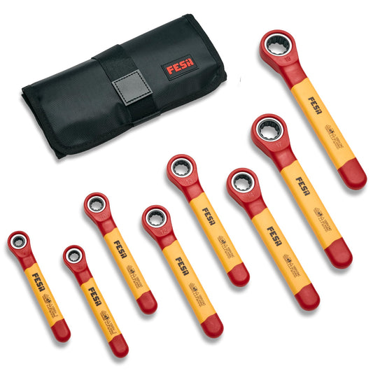 Insulated Ratchet Wrench Set - 8-Piece 1000V Box Wrench Set with Storage Pouch - Metric Insulated Wrenches Included in This Electrician Tool Set 7mm, 8mm, 10mm, 12mm, 13mm, 14mm, 17mm, 19 mm - Default Title