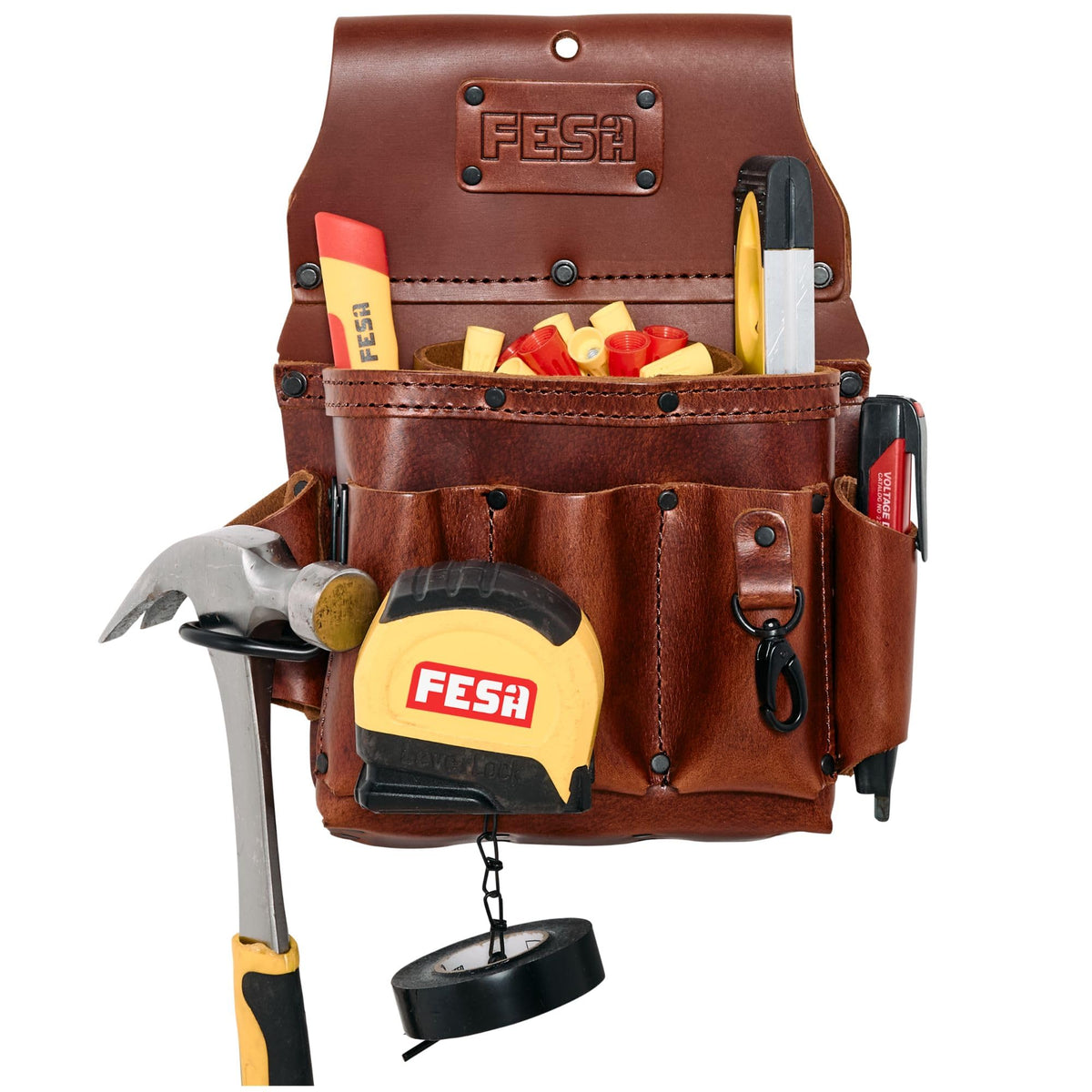 Leather Electrician Tool Pouch - 13-in-1 Top Grain Leather Electrician Pouch w/ Steel Hammer Loop, Tape Measure Clip, Tape T-Chain & 6 Pockets - Fits Belts up to 3" - Handcrafted - Cherry / Standard