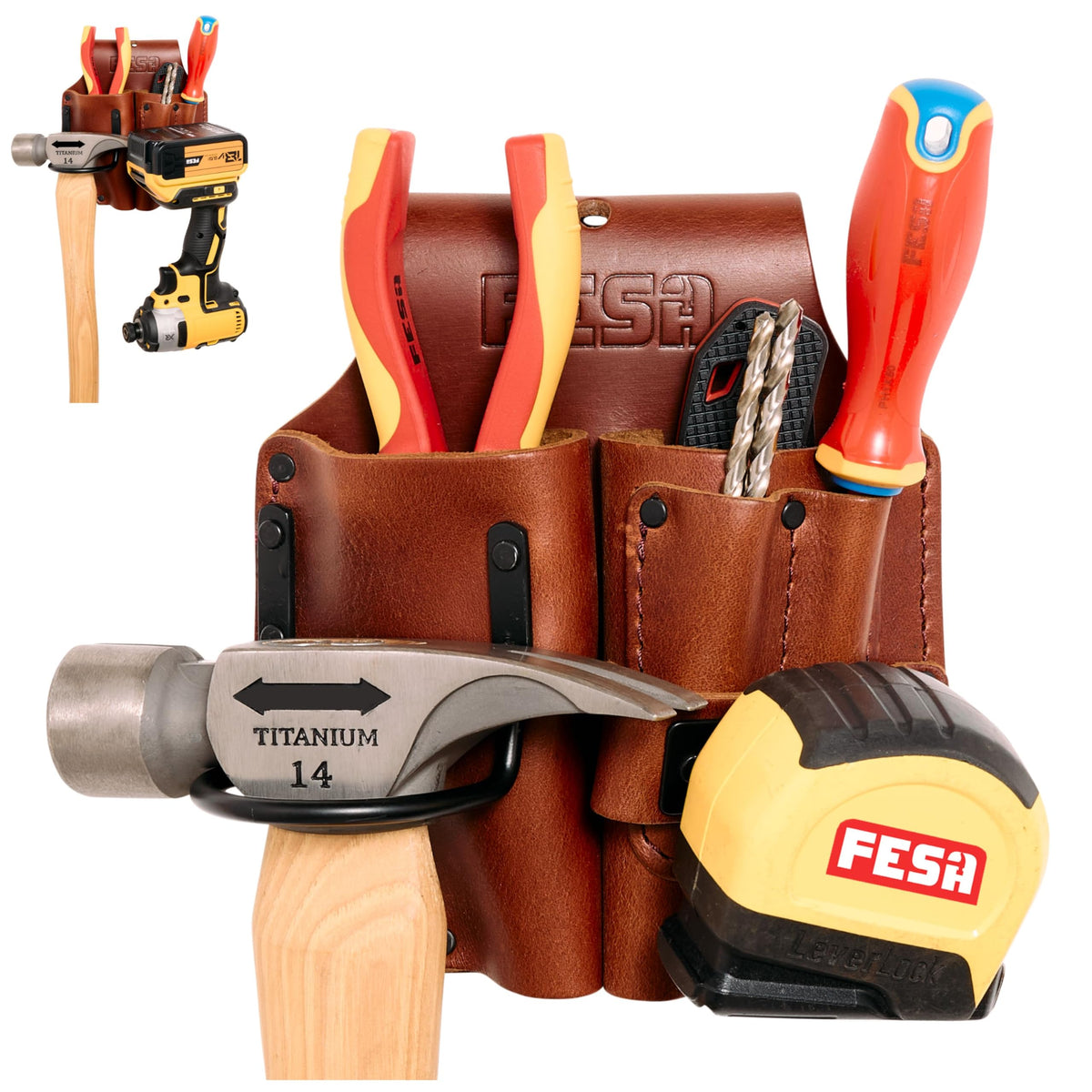 Durable Leather Pliers Holster - Leather Double Plier Holder for Belt with Steel Hammer Holder, Tape Clip & 2 Carpenter's Pencil Pockets - Clip On Any Belt - Handcrafted - Cherry