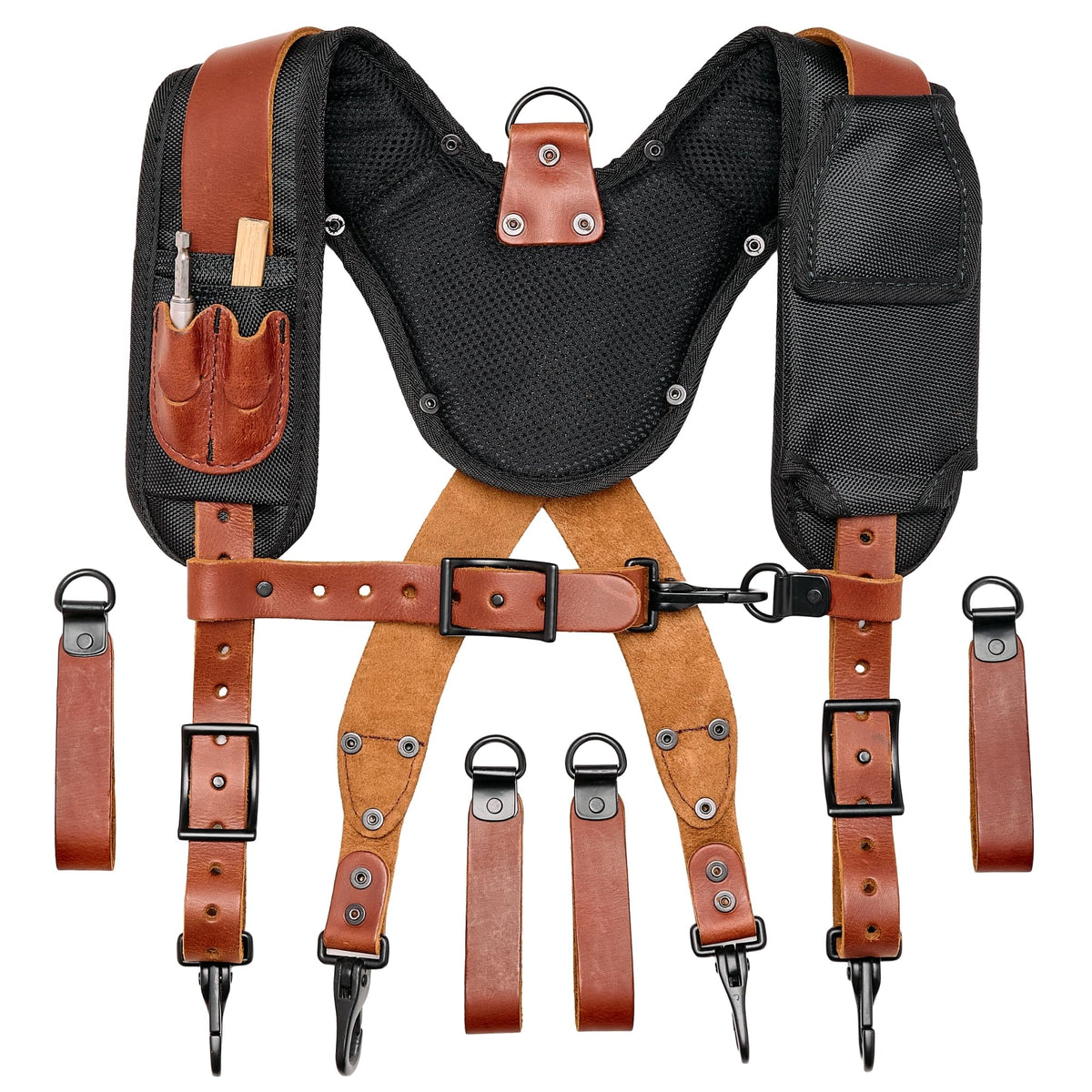 Leather Tool Belt Suspenders for Men with Breathable Mesh Padding, Front Pockets & 4 Loops for Attachment to Work Belts - Cherry