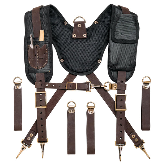 Leather Tool Belt Suspenders for Men with Breathable Mesh Padding, Front Pockets & 4 Loops for Attachment to Work Belts - Brown