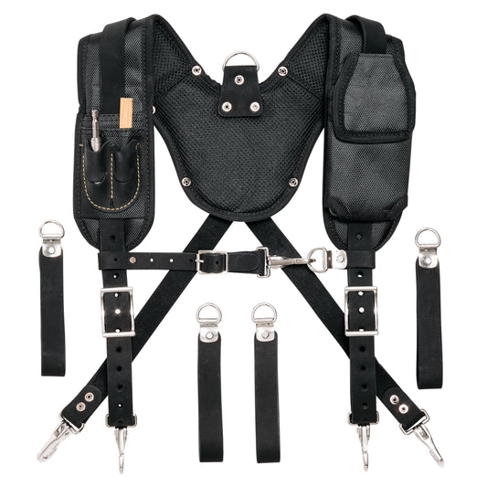Leather Tool Belt Suspenders for Men with Breathable Mesh Padding, Front Pockets & 4 Loops for Attachment to Work Belts - Black