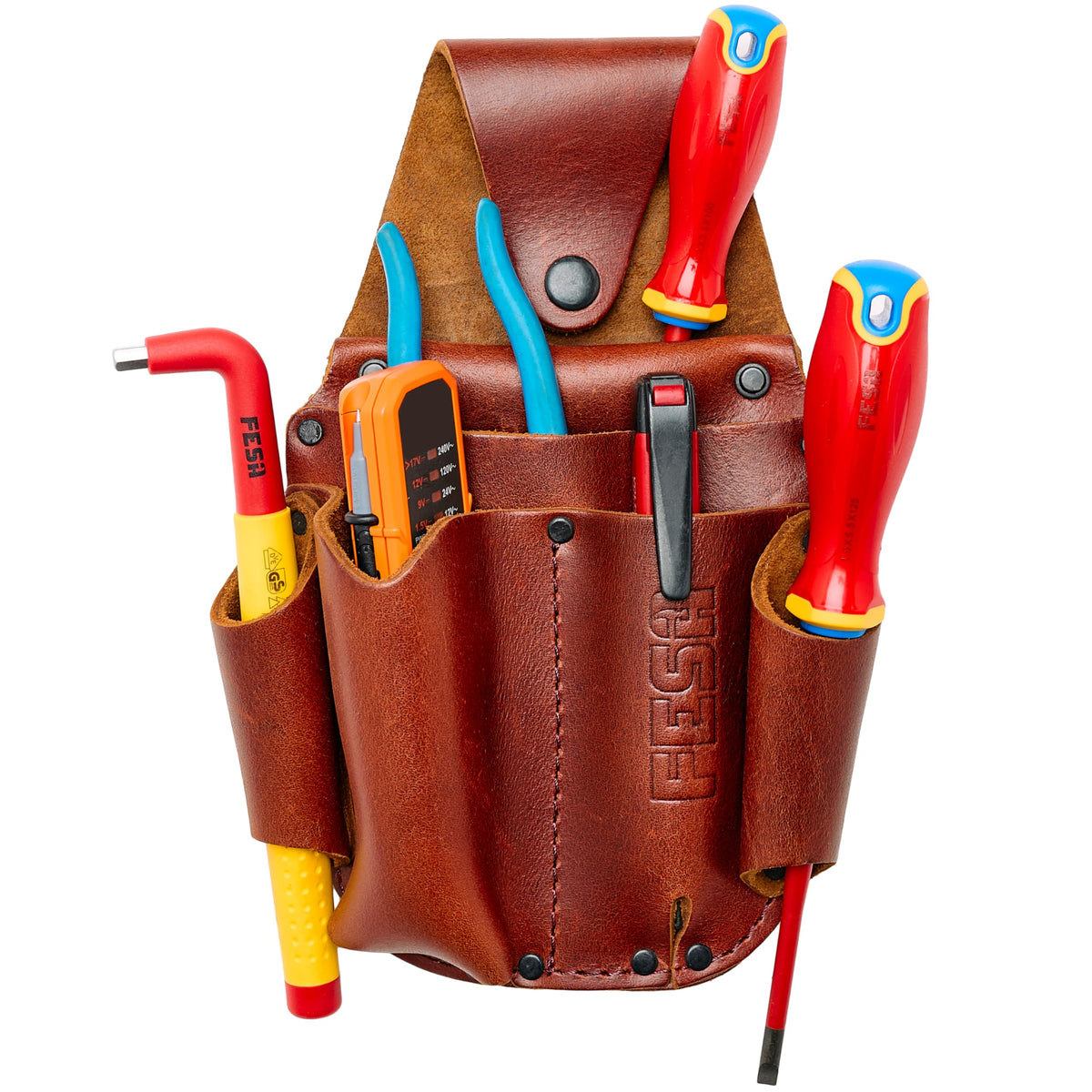 Leather Electrician Tool Pouch - Pocket Caddy Clip On Tool Pouch with Voltage Test Meter Pocket & 5 Other Compartments - Easy On & Off - Fits Belts up to 3" Wide - Handcrafted - Cherry